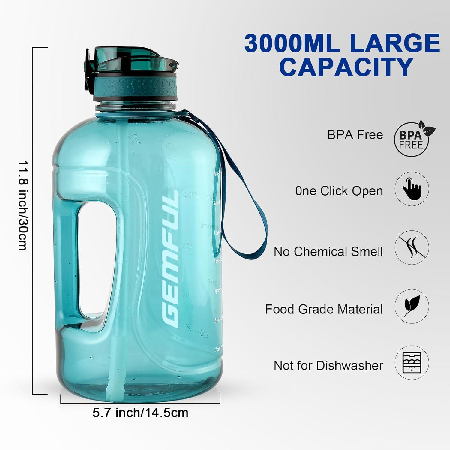 imageGEMFUL 2L Leak Proof Water Bottle with Handle 64oz Large Gym Jug Time Marker No Straw BPA Free Motivational for Men ampamp Women Royal Blue3L Cyan with Straw