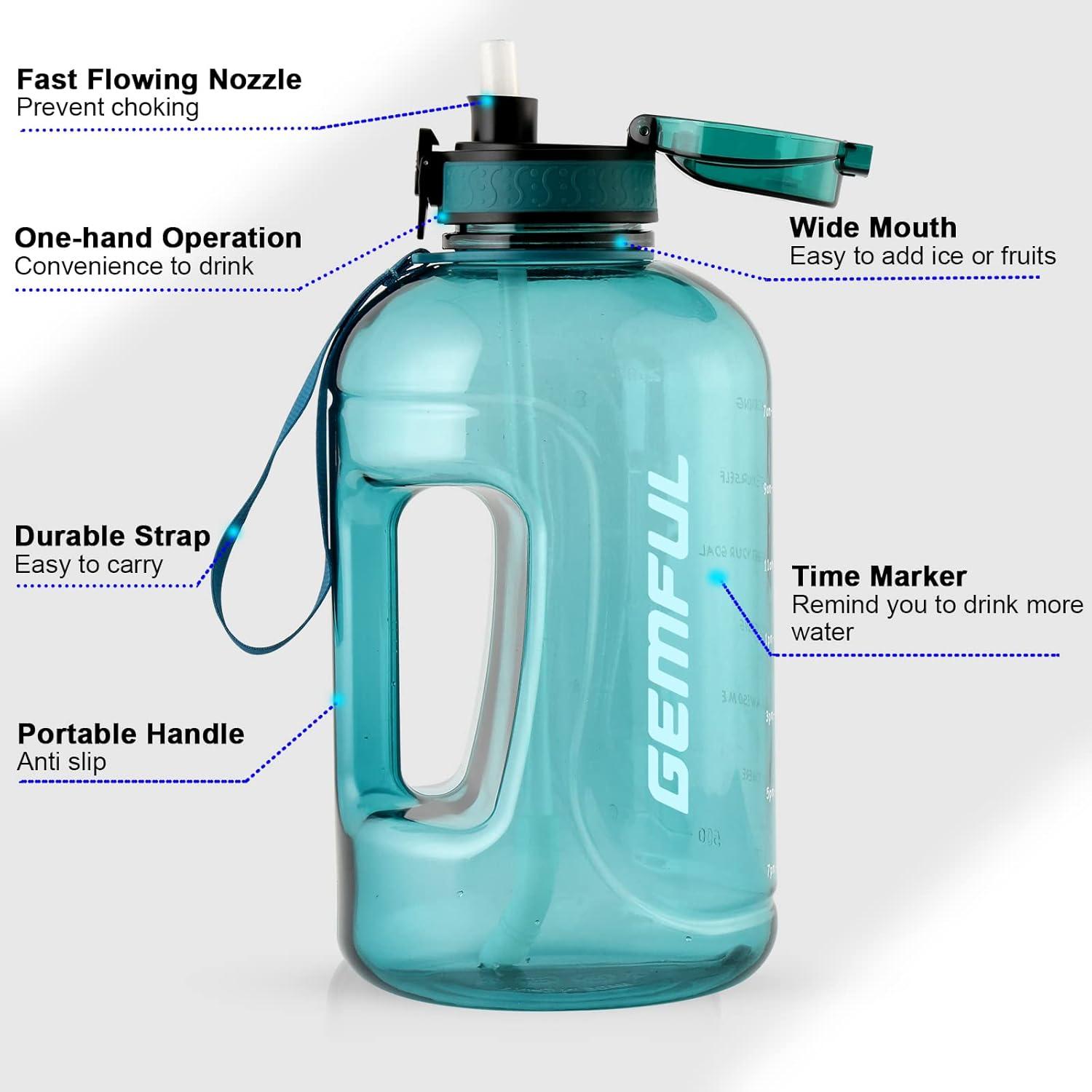 imageGEMFUL 2L Leak Proof Water Bottle with Handle 64oz Large Gym Jug Time Marker No Straw BPA Free Motivational for Men ampamp Women Royal Blue3L Cyan with Straw