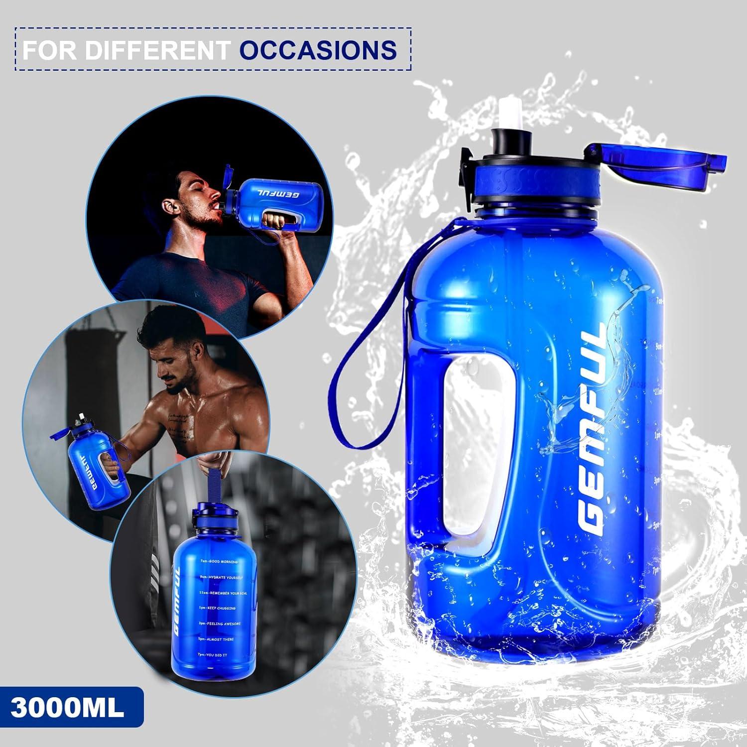 imageGEMFUL 3L Water Bottle with Straw ampamp Handle Large Capacity Leakproof BPAFree Time Marker Motivational Jug for Outdoor Camping Fitness Men ampamp Women Royal Blue with Removable Straw3L Blue with Straw