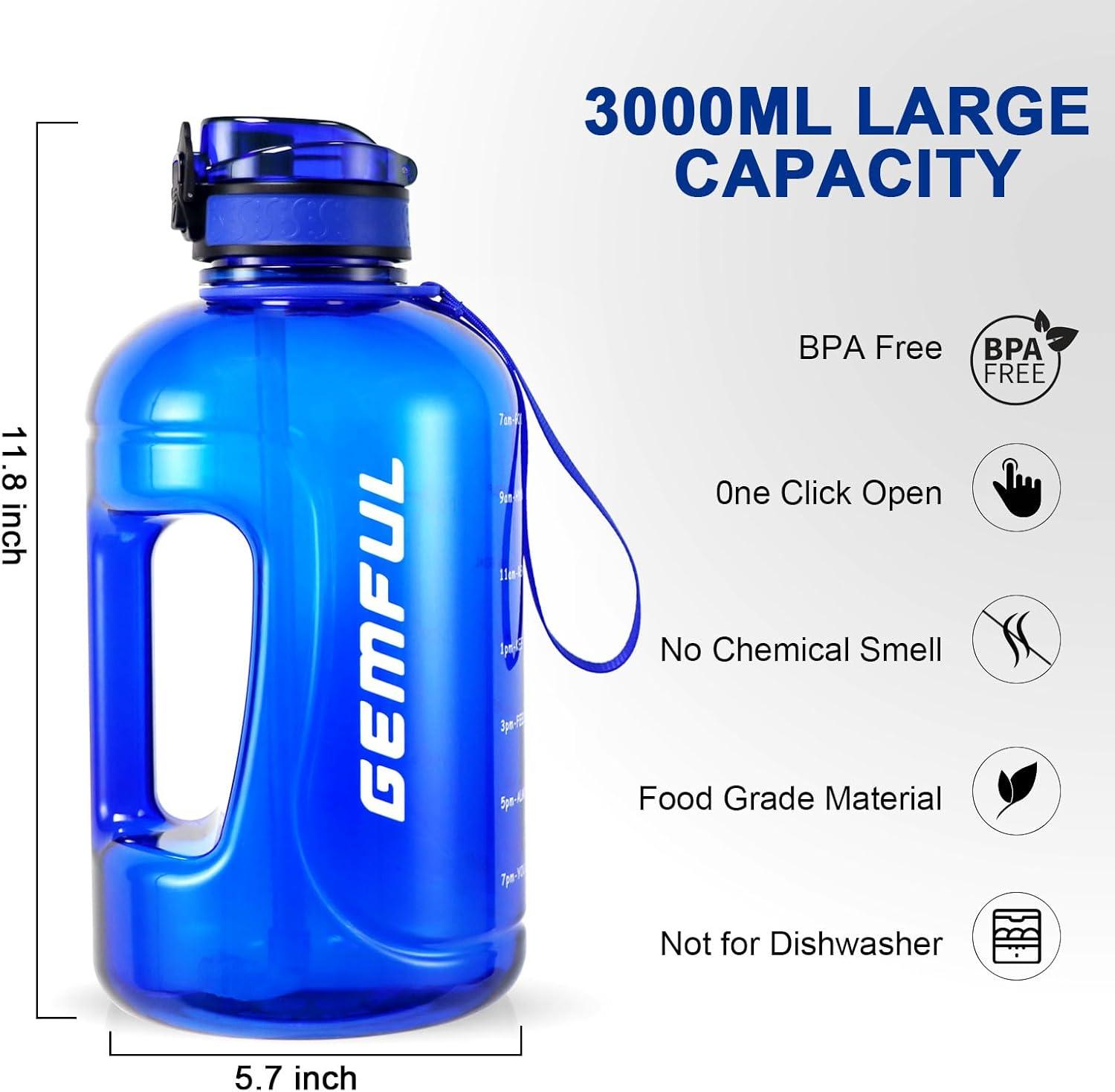 imageGEMFUL 3L Water Bottle with Straw ampamp Handle Large Capacity Leakproof BPAFree Time Marker Motivational Jug for Outdoor Camping Fitness Men ampamp Women Royal Blue with Removable Straw3L Blue with Straw