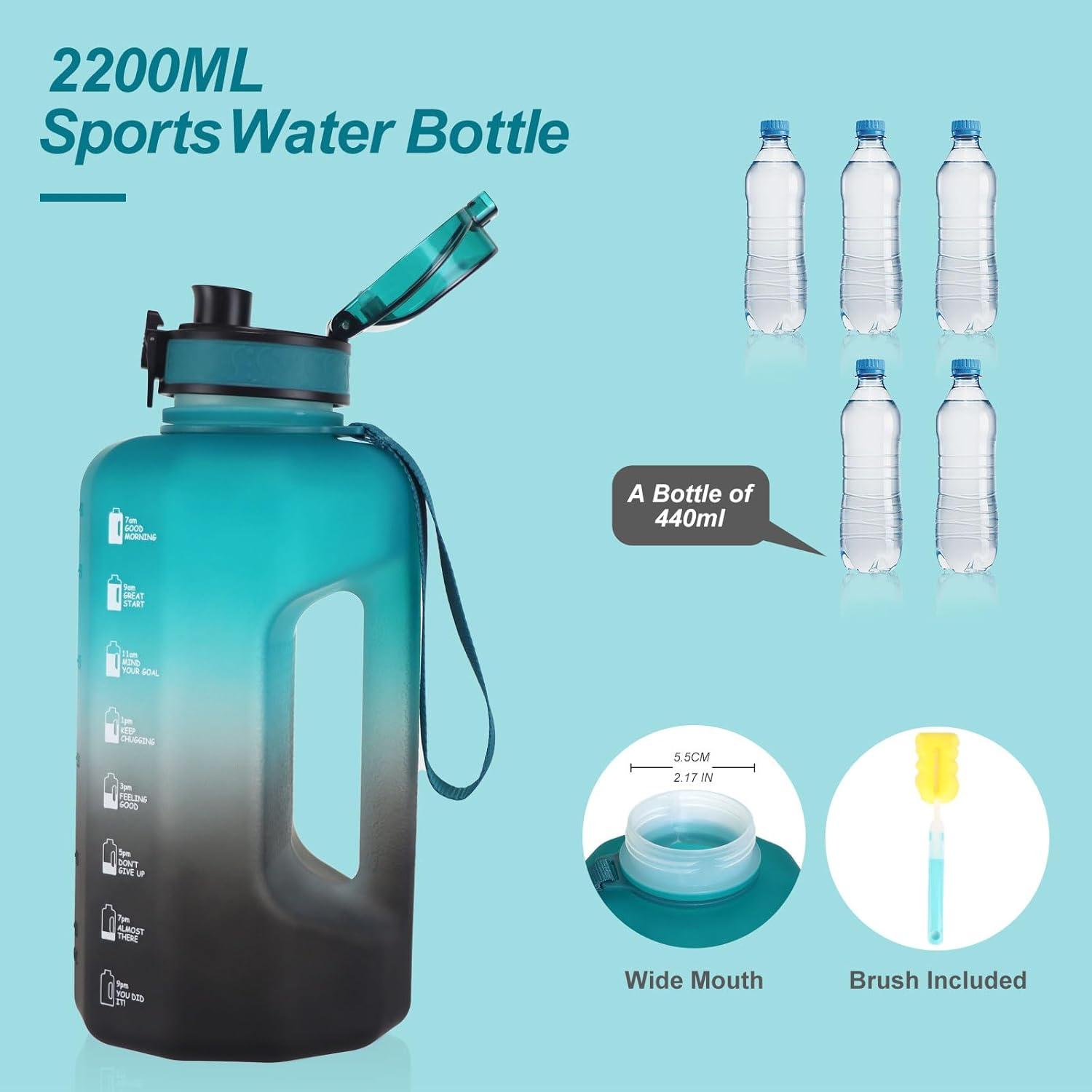 imageGEMFUL Half Gallon Water Bottle with Time Marker Handle 74oz BPAFree Leakproof Jug for Gym Hiking Camping 22L Motivational Sports Bottle Men Women Green Black no StrawGreenBlack