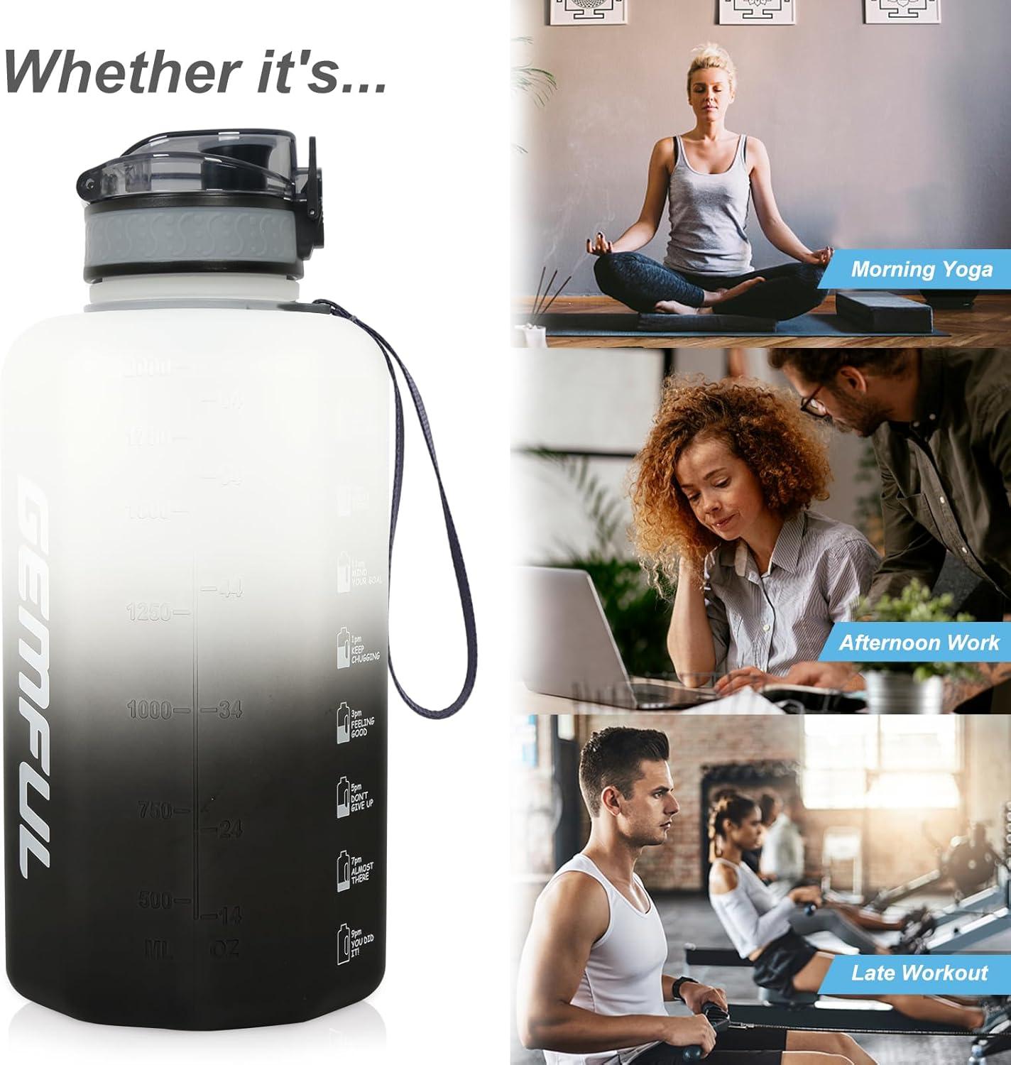 imageGEMFUL Half Gallon Water Bottle with Time Marker Handle 74oz BPAFree Leakproof Jug for Gym Hiking Camping 22L Motivational Sports Bottle Men Women Green Black no StrawBlackwhite