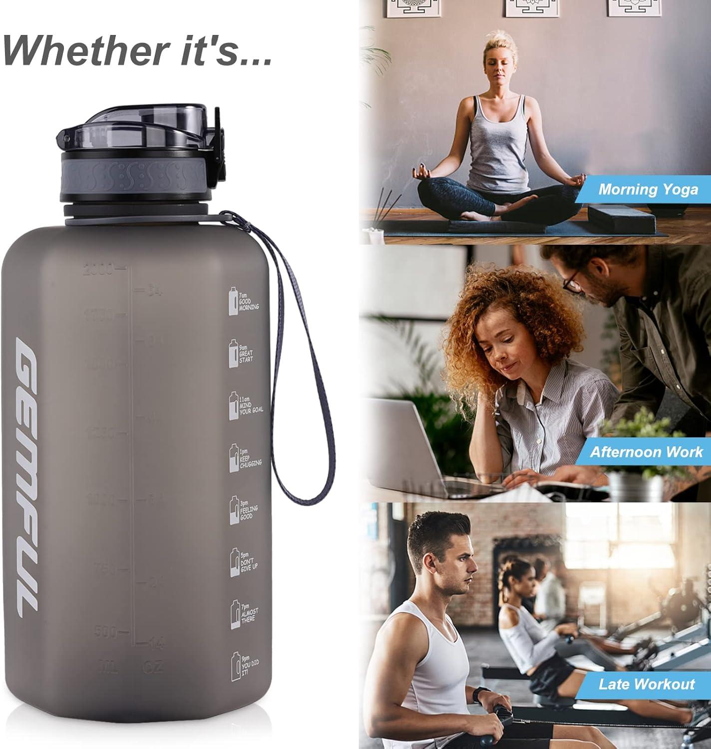 imageGEMFUL Half Gallon Water Bottle with Time Marker Handle 74oz BPAFree Leakproof Jug for Gym Hiking Camping 22L Motivational Sports Bottle Men Women Green Black no StrawGray