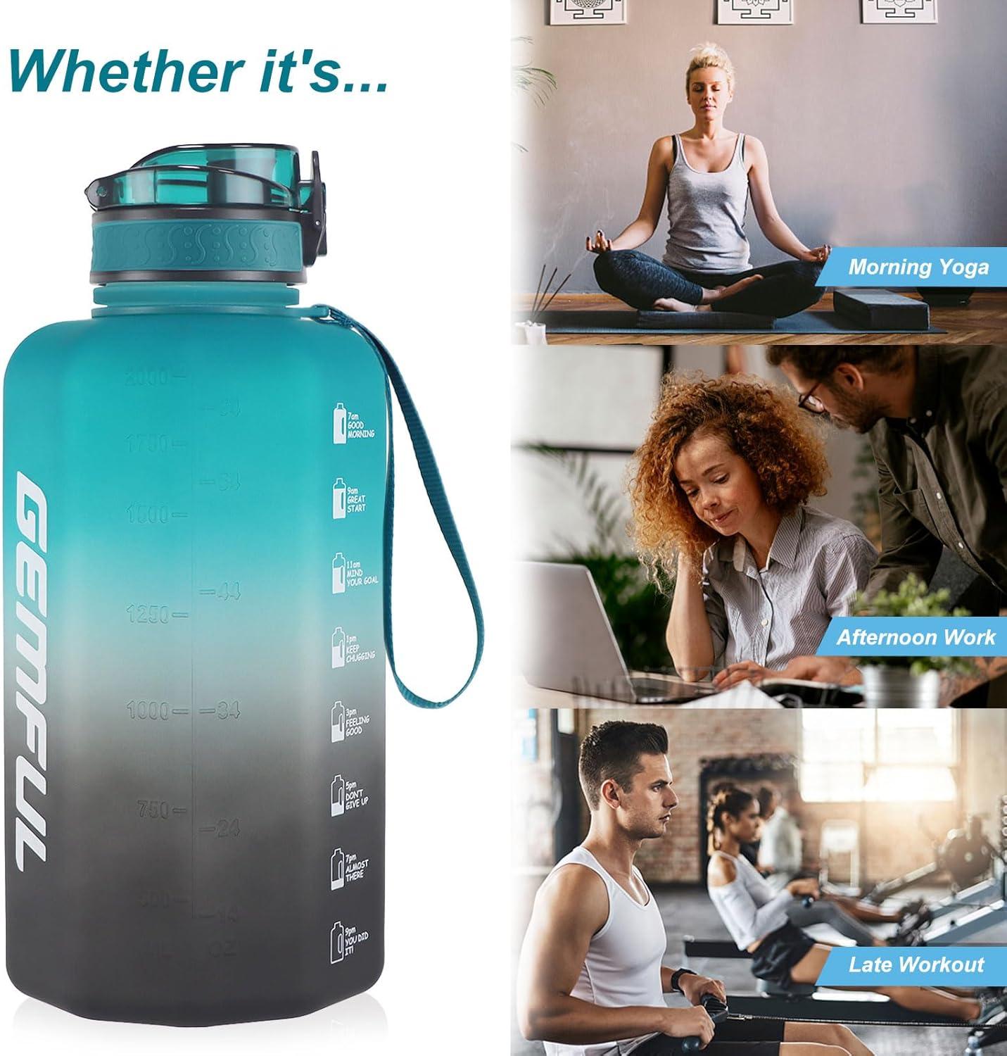 imageGEMFUL Half Gallon Water Bottle with Time Marker Handle 74oz BPAFree Leakproof Jug for Gym Hiking Camping 22L Motivational Sports Bottle Men Women Green Black no StrawGreenBlack