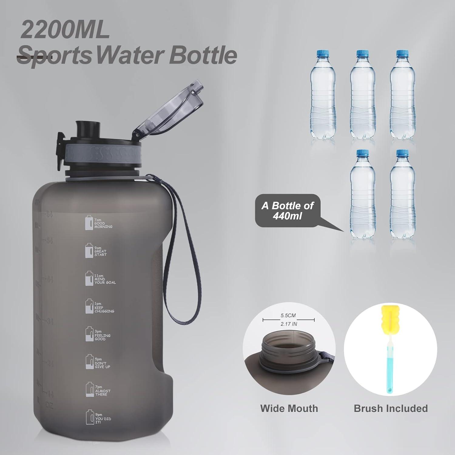 imageGEMFUL Half Gallon Water Bottle with Time Marker Handle 74oz BPAFree Leakproof Jug for Gym Hiking Camping 22L Motivational Sports Bottle Men Women Green Black no StrawGray