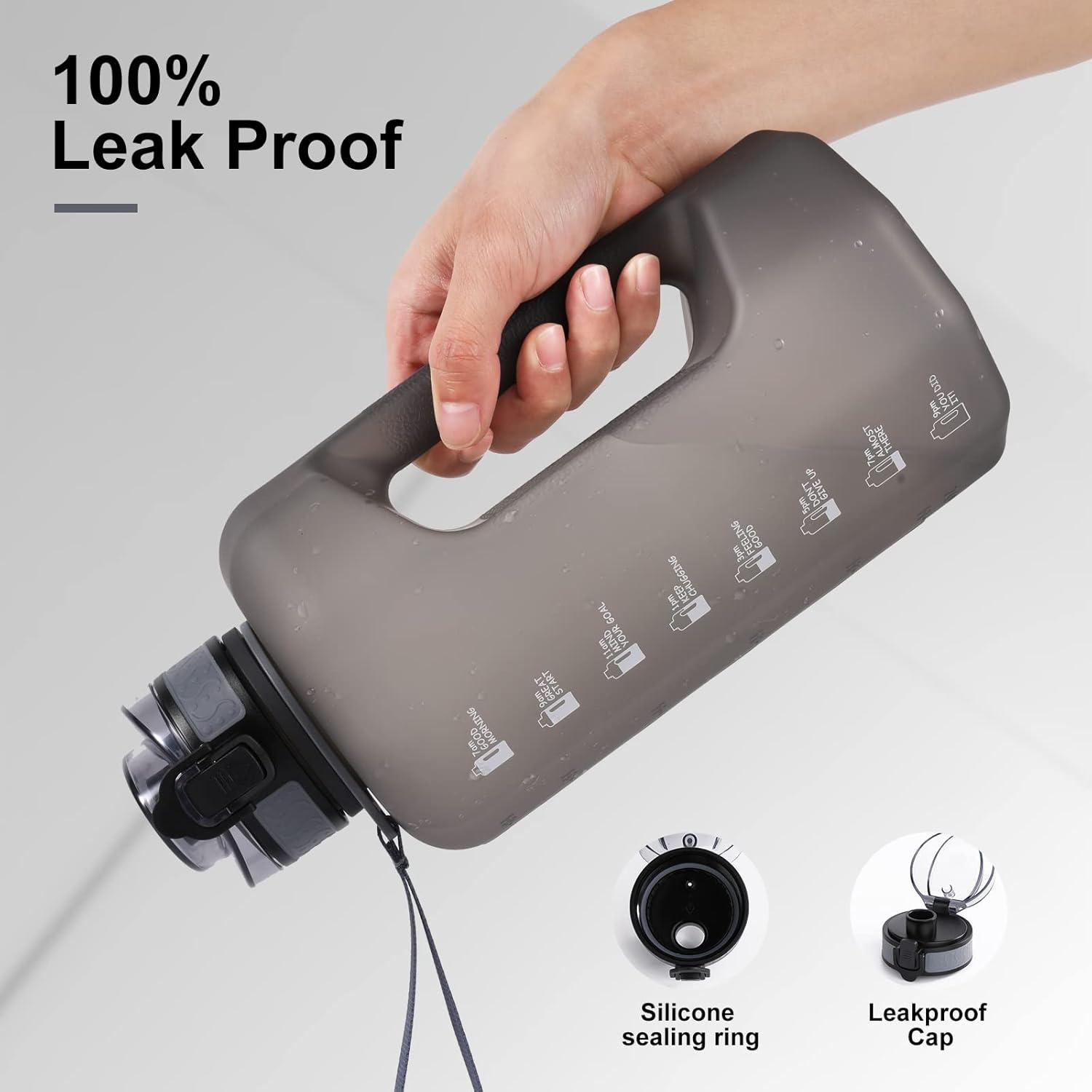 imageGEMFUL Half Gallon Water Bottle with Time Marker Handle 74oz BPAFree Leakproof Jug for Gym Hiking Camping 22L Motivational Sports Bottle Men Women Green Black no StrawGray