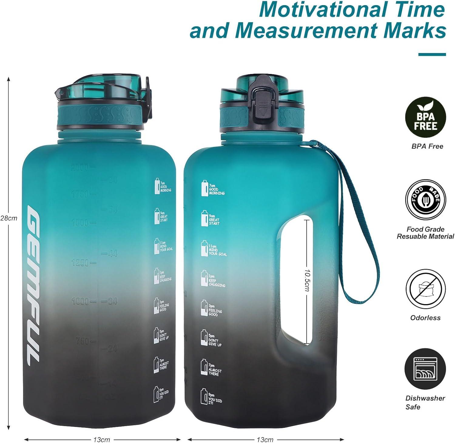 imageGEMFUL Half Gallon Water Bottle with Time Marker Handle 74oz BPAFree Leakproof Jug for Gym Hiking Camping 22L Motivational Sports Bottle Men Women Green Black no StrawGreenBlack