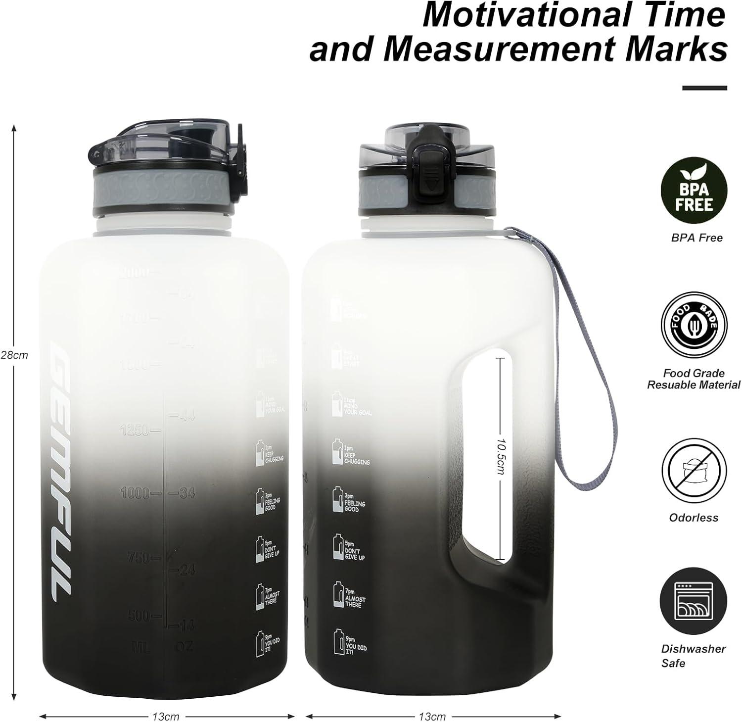 imageGEMFUL Half Gallon Water Bottle with Time Marker Handle 74oz BPAFree Leakproof Jug for Gym Hiking Camping 22L Motivational Sports Bottle Men Women Green Black no StrawBlackwhite