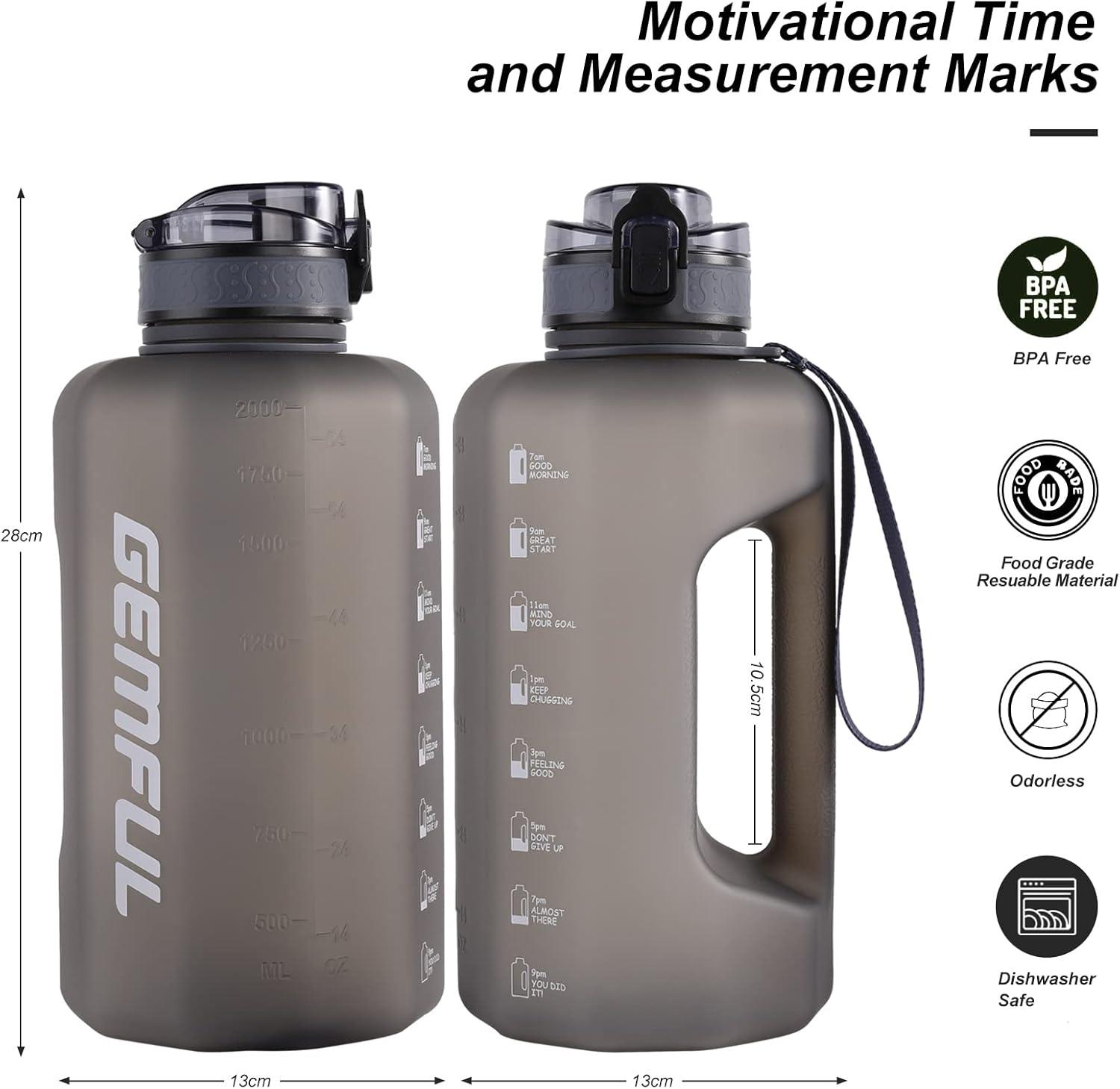 imageGEMFUL Half Gallon Water Bottle with Time Marker Handle 74oz BPAFree Leakproof Jug for Gym Hiking Camping 22L Motivational Sports Bottle Men Women Green Black no StrawGray