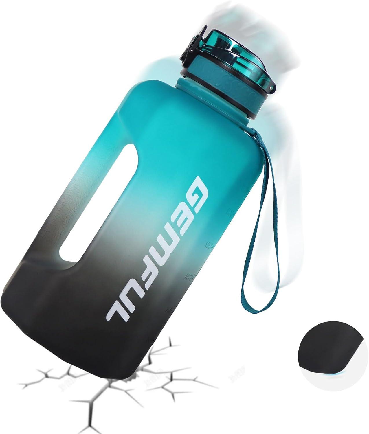 imageGEMFUL Half Gallon Water Bottle with Time Marker Handle 74oz BPAFree Leakproof Jug for Gym Hiking Camping 22L Motivational Sports Bottle Men Women Green Black no StrawGreenBlack