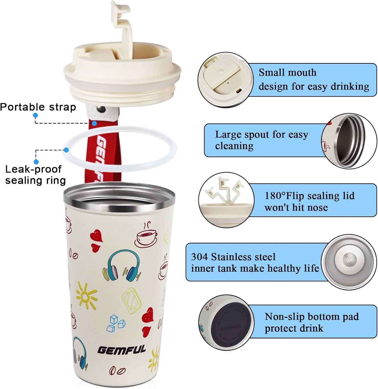 imageGEMFUL Spill Proof Leak Proof Coffee Travel Mug 17oz Stainless Steel Vacuum Insulated Tumbler with Secure Lid Reusable Hot Cold Portable Cup for Commute Office CarCream