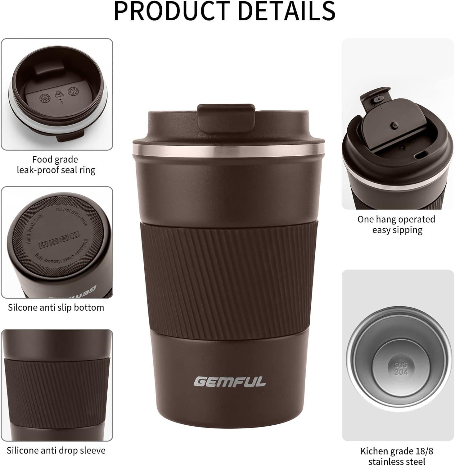 imageGEMFUL Travel Coffee Mug 13 oz Insulated Coffee Tumbler To Go with Lid Leak Proof Vacuum Stainless Steel Reusable for Hot Cold Drinks PinkBrown13 oz