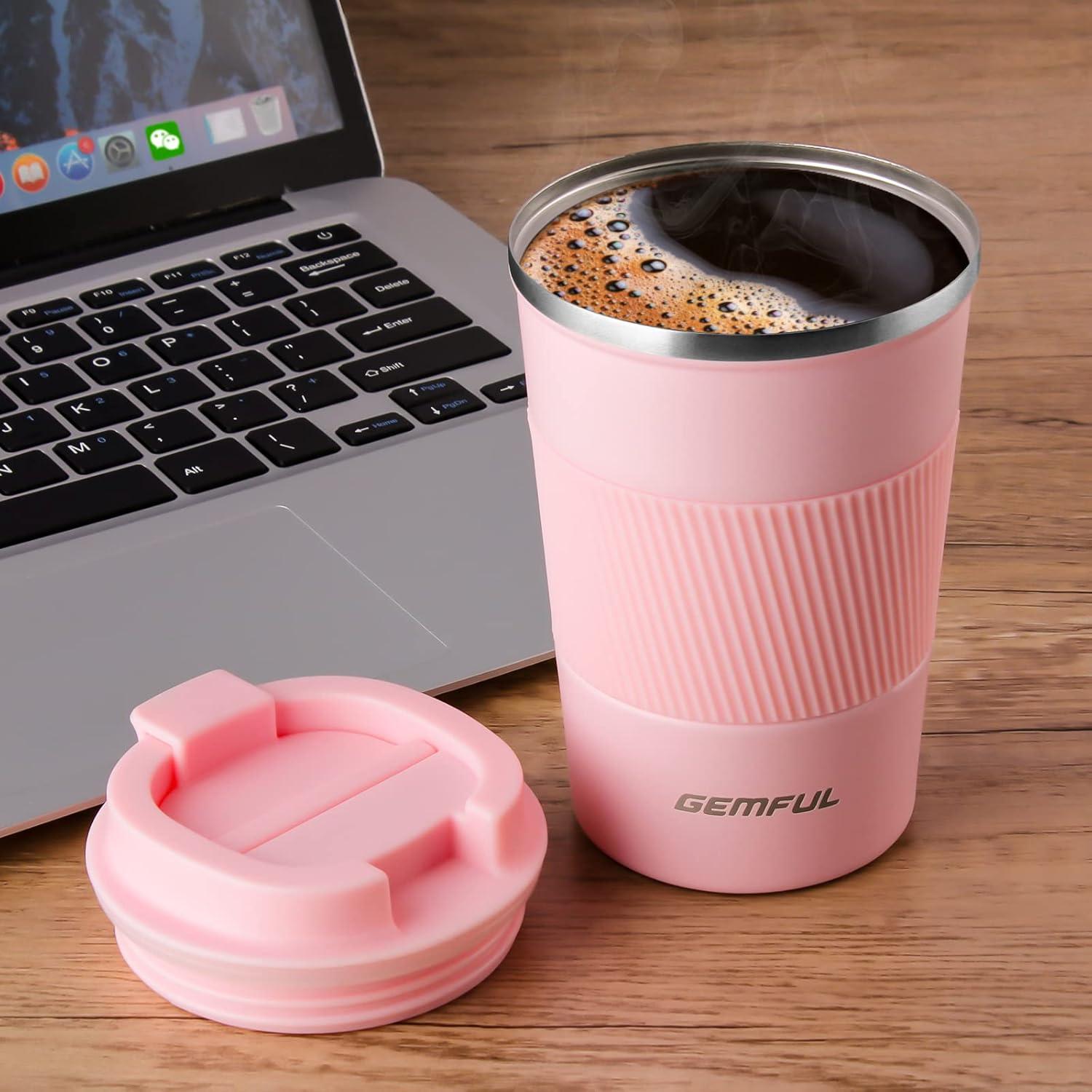 imageGEMFUL Travel Coffee Mug 13 oz Insulated Coffee Tumbler To Go with Lid Leak Proof Vacuum Stainless Steel Reusable for Hot Cold Drinks PinkPink13 oz