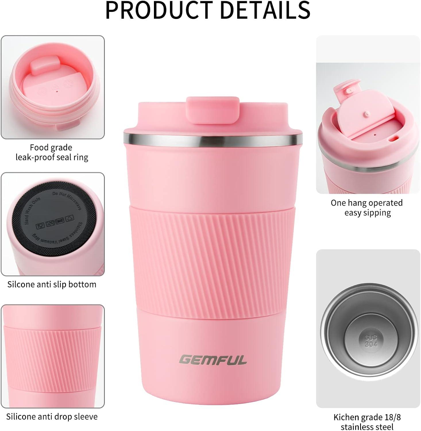 imageGEMFUL Travel Coffee Mug 13 oz Insulated Coffee Tumbler To Go with Lid Leak Proof Vacuum Stainless Steel Reusable for Hot Cold Drinks PinkPink13 oz