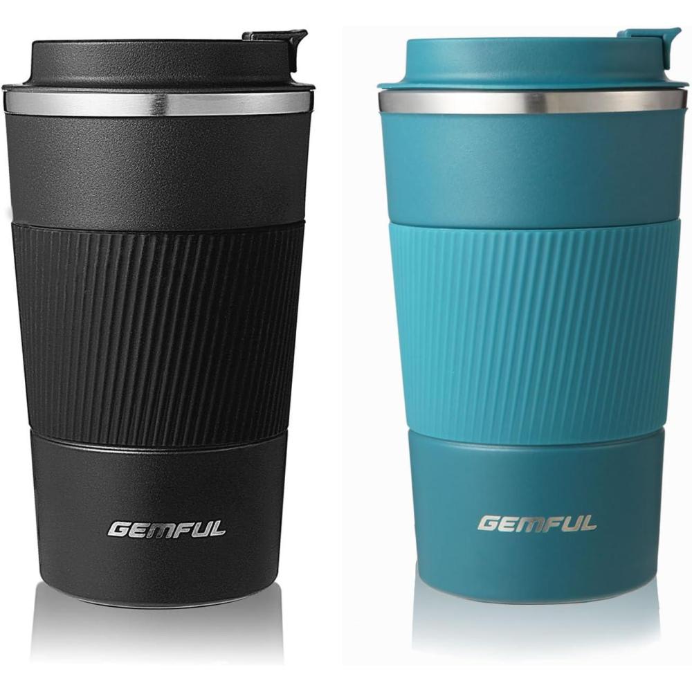 imageGEMFUL 17oz Travel Coffee Mug To Go with Lid Stainless Steel Insulated Cups Reusable Tumbler Leak Proof Coffee Lovers Gift for Hot Cold Drinks Women Men Office Car Black2 PackBlackBlue