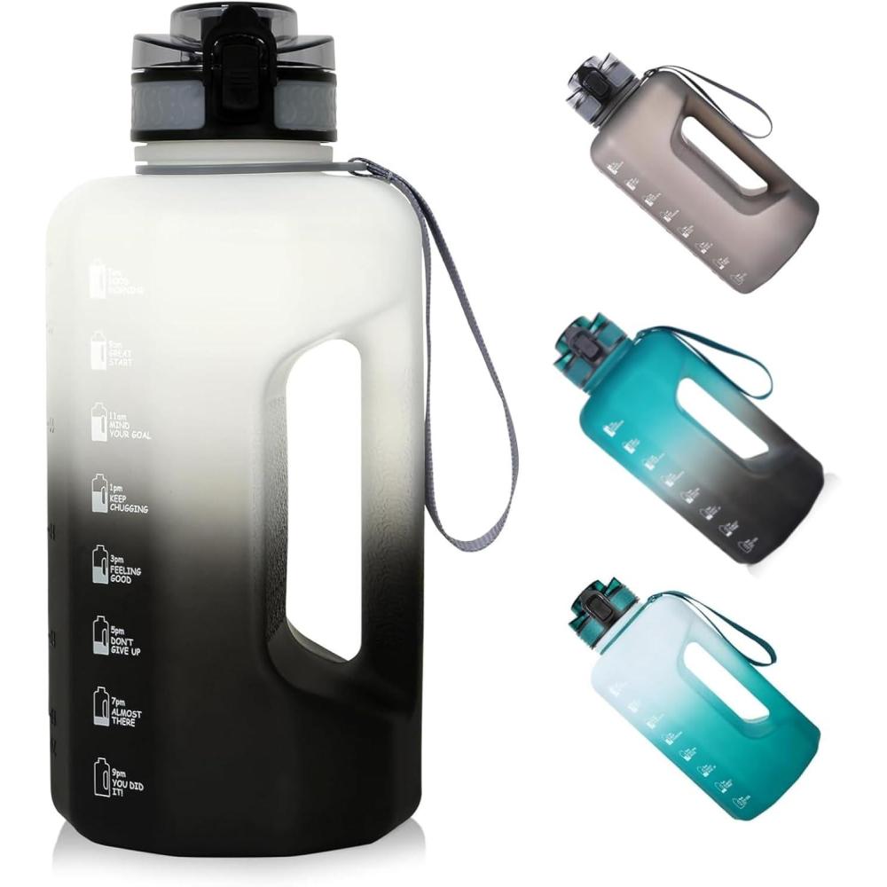 imageGEMFUL Half Gallon Water Bottle with Time Marker Handle 74oz BPAFree Leakproof Jug for Gym Hiking Camping 22L Motivational Sports Bottle Men Women Green Black no StrawBlackwhite