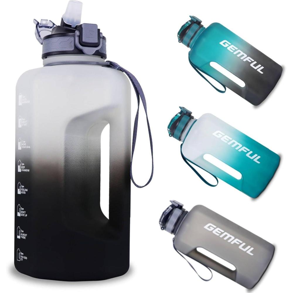 imageGEMFUL Half Gallon Water Bottle with Time Marker Handle 74oz BPAFree Leakproof Jug for Gym Hiking Camping 22L Motivational Sports Bottle Men Women Green Black no StrawWhite Black with Straw