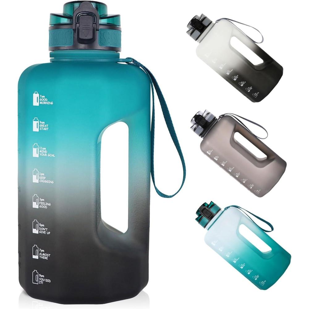 imageGEMFUL Half Gallon Water Bottle with Time Marker Handle 74oz BPAFree Leakproof Jug for Gym Hiking Camping 22L Motivational Sports Bottle Men Women Green Black no StrawGreenBlack