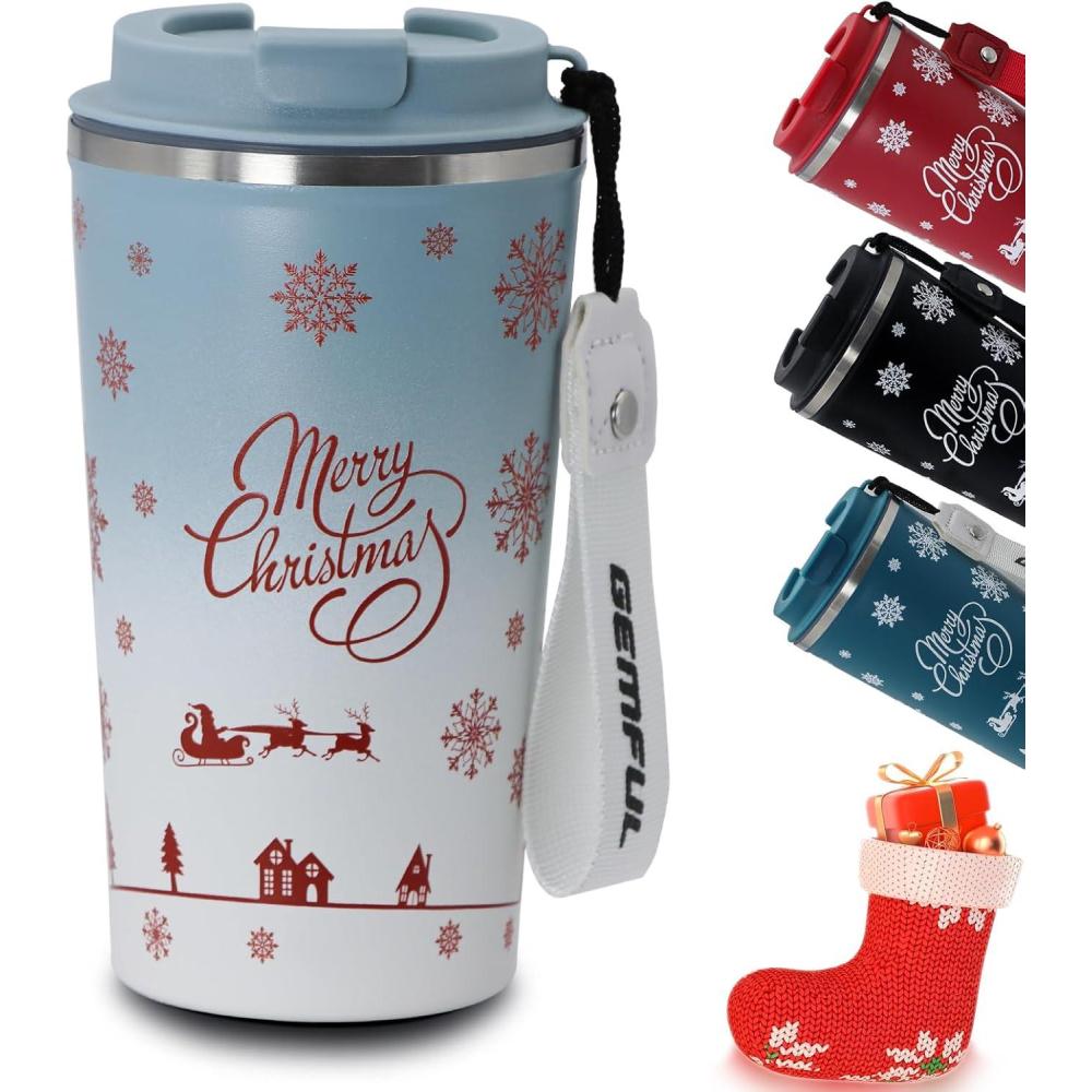 imageGEMFUL Spill Proof Leak Proof Coffee Travel Mug 17oz Stainless Steel Vacuum Insulated Tumbler with Secure Lid Reusable Hot Cold Portable Cup for Commute Office CarBluewhite Gradient