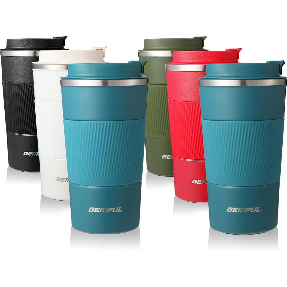 imageGEMFUL Travel Coffee Mug 2 Pack Insulated To Go Tumbler with Lid Portable Stainless Steel Reusable Cups Leak proof for Women Hot Cold Drinks 17oz Black and White6 Pack17oz