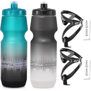 GEMFUL 2 Pack Biking Water Bottles BPA Free 24oz Cycling Bottle Squeeze Leak-Proof for Road Bike Bicycle Commuting Gym MTB (Gradient Black White)(Green Black+Black White+2 Black Holder)
