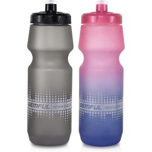 GEMFUL 2 Pack Biking Water Bottles BPA Free 24oz Cycling Bottle Squeeze Leak-Proof for Road Bike Bicycle Commuting Gym MTB (Gradient Black White)(Pink Blue+Grey)