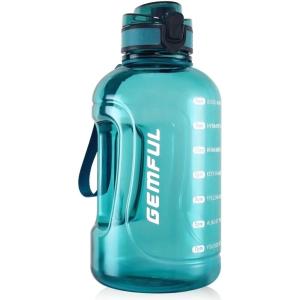 GEMFUL 2L Leak Proof Water Bottle with Handle 64oz Large Gym Jug Time Marker No Straw BPA Free Motivational for Men & Women (Royal Blue)(2L Cyan No Straw)