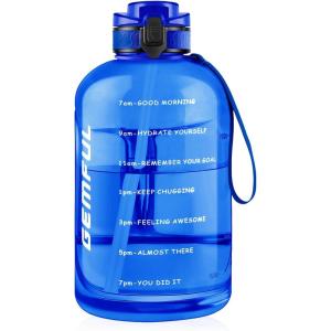 GEMFUL 3L Water Bottle with Straw & Handle, Large Capacity Leakproof BPA-Free Time Marker Motivational Jug for Outdoor Camping Fitness Men & Women (Royal Blue with Removable Straw)(3L Blue with Straw)