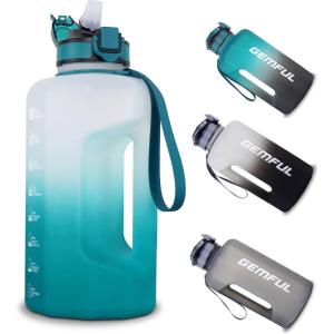 GEMFUL Half Gallon Water Bottle with Time Marker Handle 74oz BPA-Free Leakproof Jug for Gym Hiking Camping 2.2L Motivational Sports Bottle Men Women (Green Black no Straw)(Cyan with Straw)
