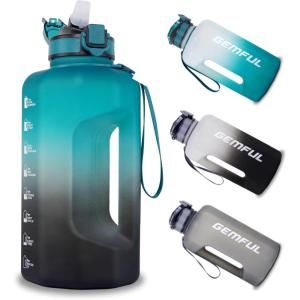 GEMFUL Half Gallon Water Bottle with Time Marker Handle 74oz BPA-Free Leakproof Jug for Gym Hiking Camping 2.2L Motivational Sports Bottle Men Women (Green Black no Straw)(Green Black with Straw)