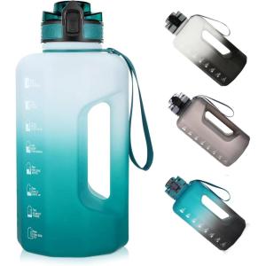 GEMFUL Half Gallon Water Bottle with Time Marker Handle 74oz BPA-Free Leakproof Jug for Gym Hiking Camping 2.2L Motivational Sports Bottle Men Women (Green Black no Straw)(Cyan)