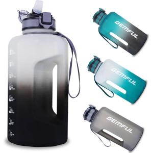 GEMFUL Half Gallon Water Bottle with Time Marker Handle 74oz BPA-Free Leakproof Jug for Gym Hiking Camping 2.2L Motivational Sports Bottle Men Women (Green Black no Straw)(White Black with Straw)
