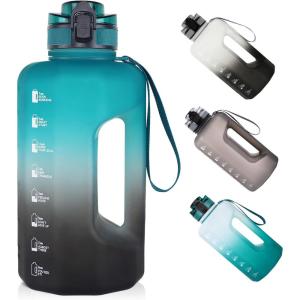 GEMFUL Half Gallon Water Bottle with Time Marker Handle 74oz BPA-Free Leakproof Jug for Gym Hiking Camping 2.2L Motivational Sports Bottle Men Women (Green Black no Straw)(Green/Black)