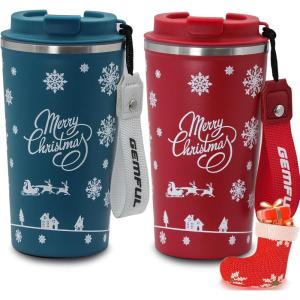 GEMFUL Spill Proof Leak Proof Coffee Travel Mug 17oz Stainless Steel Vacuum Insulated Tumbler with Secure Lid Reusable Hot Cold Portable Cup for Commute Office Car(2 Pack(Blue+red))