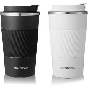 GEMFUL Travel Coffee Mug 2 Pack Insulated To Go Tumbler with Lid Portable Stainless Steel Reusable Cups Leak proof for Women Hot Cold Drinks 17oz (Black and White)(2 Pack-17oz)