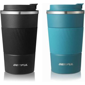 GEMFUL Travel Coffee Mug 2 Pack Insulated To Go Tumbler with Lid Portable Stainless Steel Reusable Cups Leak proof for Women Hot Cold Drinks 17oz (Black and White)(2 Pack-Black+Blue)